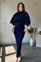 Midi Navy Blue Dress with Cape Sleeve Detail and Glitter Pattern