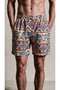 Elephant Pattern Mesh Pocket Swim Trunks Regular Fit Men's Swim Shorts Brown-Orange-Turquoise-Pink Elasticated Pool Shorts - 2