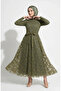 Silvery Leaf Patterned Belted Hijab Evening Dress 5850-02 Khaki - 3