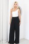 Women's Black Asymmetrical Belted High Waist Pleated Palazzo Trousers - 4
