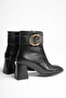 Women's Gold Ring Detailed Square Toe Black Thick Heeled Boots & Booties - 7