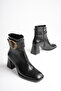 Women's Gold Ring Detailed Square Toe Black Thick Heeled Boots & Booties - 6