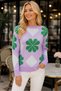 Women's Crew Neck Long Sleeve Lycra Clover Patterned Contrast Color Detailed Casual Comfortable Lilac Knitwear Sweater - 5