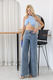 Women's Blue Lycra Wide Leg Jean Trousers High Waist Loose Leg - 6