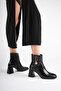 Women's Black 7cm Thick Heeled Boots & Booties with Gold Accessories and Zipper - 5