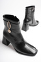 Women's Black 7cm Thick Heeled Boots & Booties with Gold Accessories and Zipper - 4
