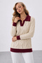 Women's Ecru Claret Red Detailed Hair Braided Knitwear Sweater Polo Collar Long Sleeve Knitted Sweater - 5