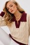 Women's Ecru Claret Red Detailed Hair Braided Knitwear Sweater Polo Collar Long Sleeve Knitted Sweater - 3