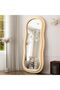 Full Length Mirror 60 * 160cm, Irregular Wavy Mirror, Wave Arched Floor Wall Standing Hanging or Leaning Against for Bedroom, Flannel Wrapped Wooden Frame Mirror-Beige - 6
