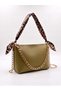Women's Khaki Scarf and Chain Detailed Shoulder Bag with Cross Strap, Zipper, Baguette Handle, and Handbag