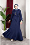 Bürümcük Fabric Sleeve Elastic Belted Hijab Dress 0911-04 Navy Blue