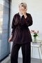 Women's Premium Waist Gathered Ribbed Detail Double Face Pants Set - Brown - 2