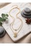 Women's Steel Necklace Gold Double Row Zircon Stone Daisy and Ball Detailed Chain