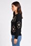Women Ribbed Neck Embellished Sweater, Black - 3