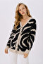 Women's V-Neck Patterned Knitwear Cardigan Black Ecru Patterned Buttoned Long Sleeve Knitted Cardigan
