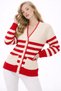 Women's V-Neck Striped Knitwear Cardigan Red Ecru Buttoned Pocketed Long Sleeve Knitted Cardigan - 3