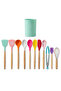 12-Piece Heat-Resistant Silicone Kitchenware Set with Stand and Wooden Handle Multi-Piece Large Serving Set-Color Options Available