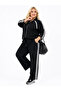 Plus Size Zippered Glittery Front Detail Contrast Striped Pocketed Relaxed Fit Women's Top and Bottom Set