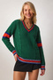Women's V-Neck Knitted Sweater Green Color Stripe Detailed Hair Braided Long Sleeve - 3