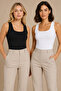 Women's 2-Piece Square Collar Thick Strap Cotton Flexible Basic Undershirt Black-White