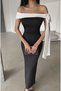 Women's Off-Shoulder White Ribbon Detail Long Crepe Dress - 3
