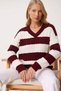 Women's Burgundy Ecru Striped Knitwear Sweater V-Neck Hair Braided Oversize Long Sleeve Knitted Sweater - 3