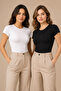 Women's 2-Piece Crew Neck Short Sleeve Cotton Flexible Basic T-Shirt Black-White