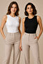 Women's 2-Piece Crew Neck Sleeveless Cotton Flexible Basic Undershirt Black-White