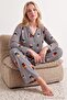 Black 100% Cotton Teddy Bear and Stripe Patterned Shirt Collar Knitted Pajamas Set Thmaw26Pt00171 - 3