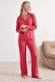Bordo-Pembe %100 Pamuklu Çizgili Biye Detaylı Örme Pijama Takımı THMAW21PT0614 - 4