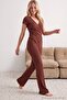 Kahverengi Asimetrik Detaylı Pointel/Fitilli Örme Pijama Takımı THMAW27PT00040