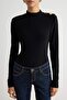 Black Stand Collar Gold Button Detailed Padded Knitted Snap Fastener Bodysuit Tpraw27Bd00021 - 4
