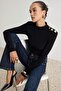 Black Stand Collar Gold Button Detailed Padded Knitted Snap Fastener Bodysuit Tpraw27Bd00021 - 3