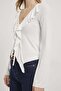Ruffled Front Lace-Up Sleeves Bell Stretchy Blouse - 5