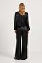 Women's Satin Textured Loose Black Trousers with Elastic Waist - 4