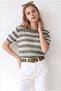 Women's Khaki Crew Neck Striped Mercerized Blouse Blz-19003447 - 3