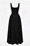 Square Neck Strap Flared Long Dress Black - 5