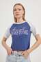 Women's Bow Printed Short Sleeve Blue Crop T-Shirt