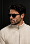 Men's Hair Knit Patterned Jacket with Zipper Detail - 3