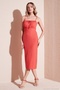 Front Gathered Rope Strap Slit Fitted Midi Dress DRESS5865362