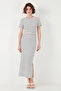 Striped Slim Fit Crew Neck Slit Midi Skirt Crop Suit Set 5866132 - 5