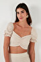 Slim Fit Gather Detailed Heart Collar Crop Blouse BLUZ5865601 - 4