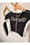I Am Bad Zippered Black Long Sleeve Crop with White Stripes - 2