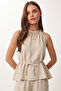 Linen Blouse and Trousers Set with Tie Detail Lby0052 Stone - 3