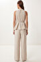 Linen Blouse and Trousers Set with Tie Detail Lby0052 Stone - 5