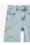 High Waist Pocketed Floral Embroidered Wide Leg Denim Trousers - 6