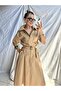 Women's Camel Color Belted A-Line Skirt with Flared Pockets, Midi Length - 5