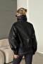 Zr Model Black Stand Collar Oversize Belted Coat Leather Jacket - 7