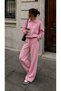 Women's Pink Polo Collar Oversize Sweatshirt Wide Leg Sweatpants Two-Piece Set - 4