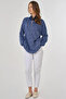 Patterned Stand Collar Viscose Sweatshirt Indigo - 3